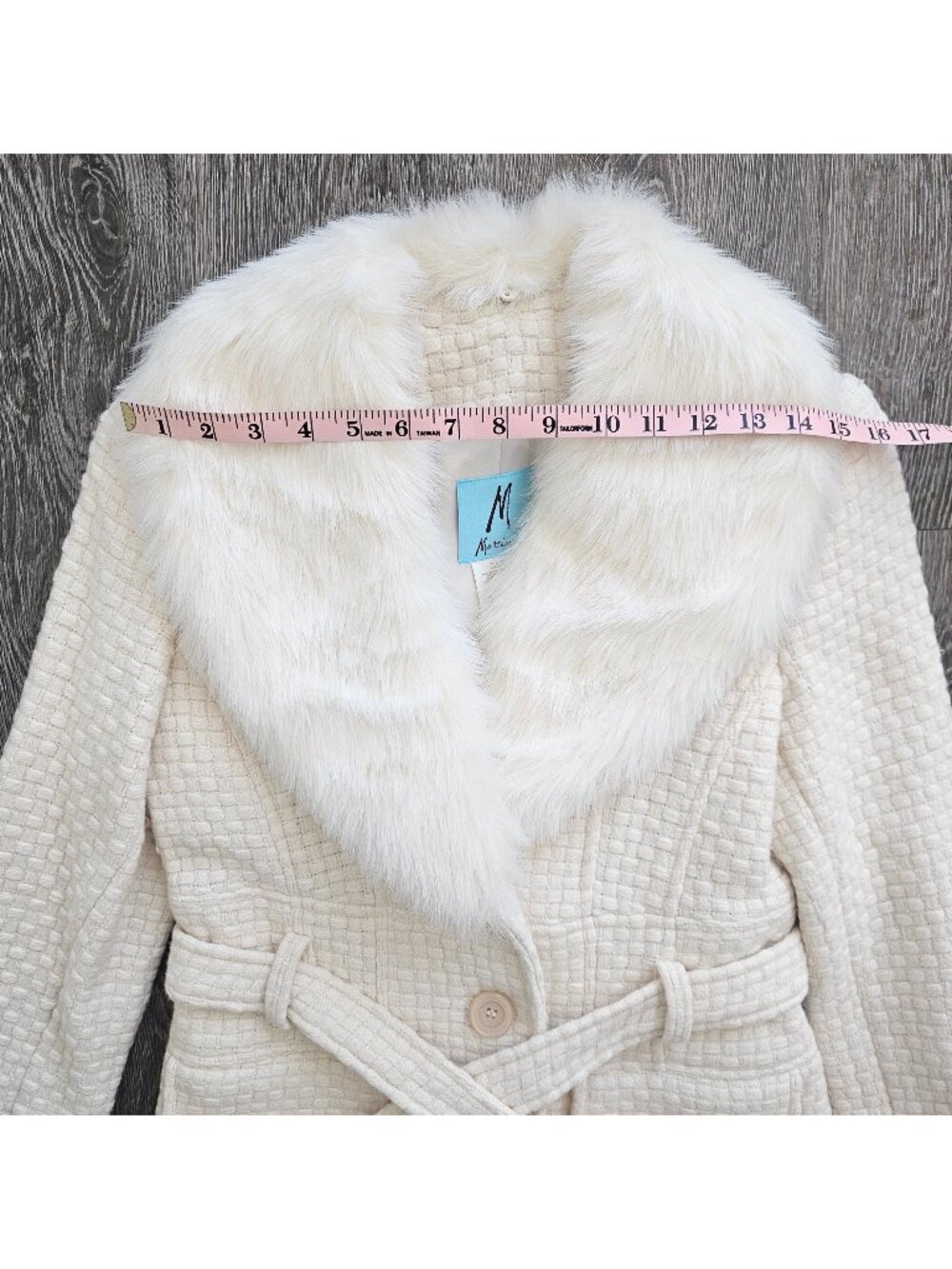 Marciano Cream Wool Blend Belted Coat Faux Fur Collar M - Picture 12 of 13